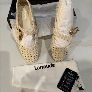 Larroude Verona Ballet Cream Woven Flats with Gold Buckle